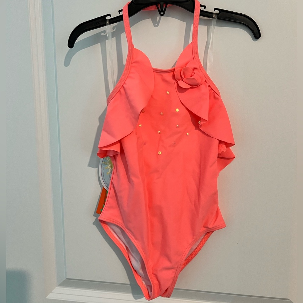 NWT Kate Mack Girls Coral Sequin and Ruffle Swimsuit, 4T